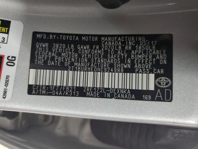 2T1BURHE0HC924988 - 2017 TOYOTA COROLLA L SILVER photo 12