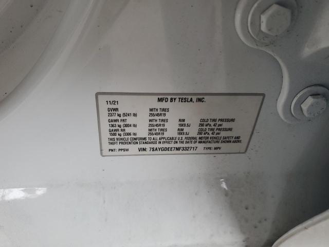 7SAYGDEE7NF332717 - 2022 TESLA MODEL Y WHITE photo 12