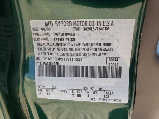 1FAFP33P21W114554 - 2001 FORD FOCUS LX GREEN photo 12