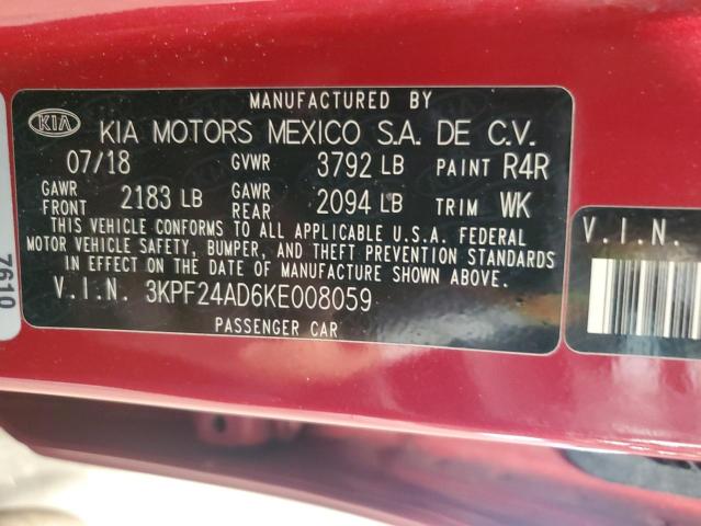 3KPF24AD6KE008059 - 2019 KIA FORTE FE 红色 照片 12