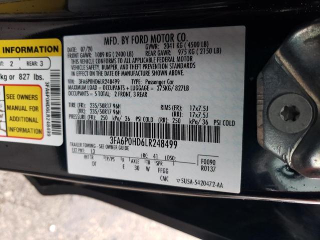 3FA6P0HD6LR248499 - 2020 FORD FUSION SE BLUE photo 12