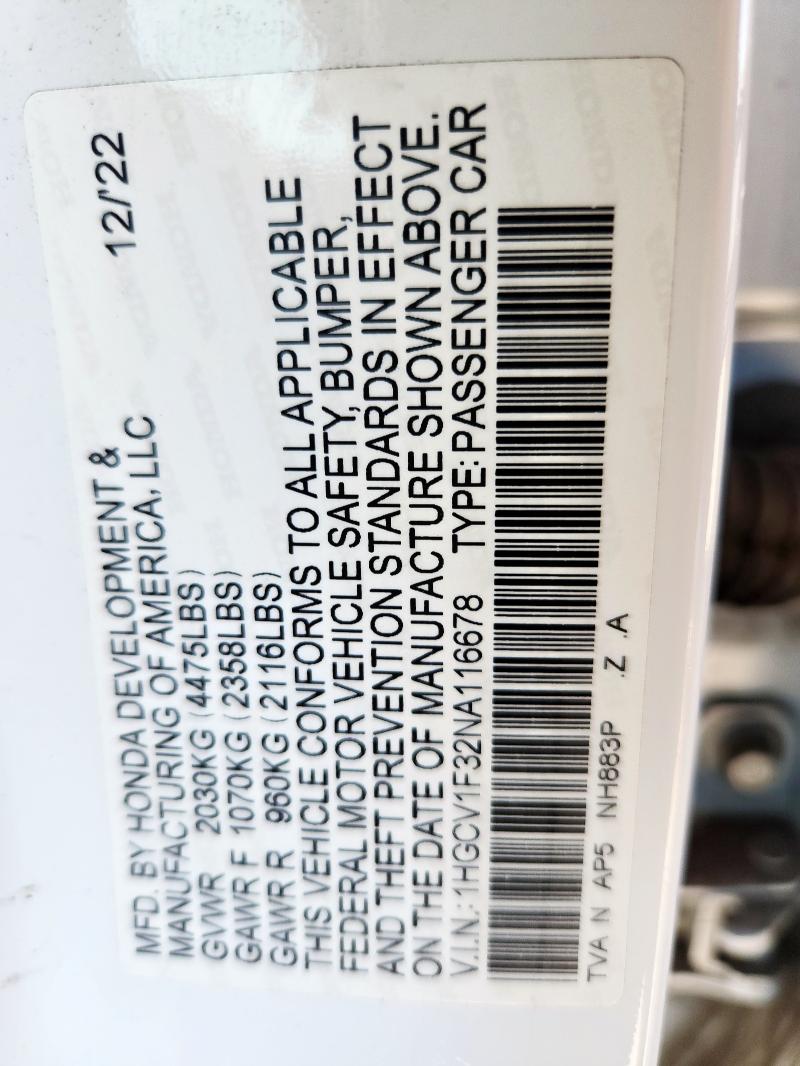 1HGCV1F32NA116678 - 2022 HONDA ACCORD SPORT 白色 照片 12