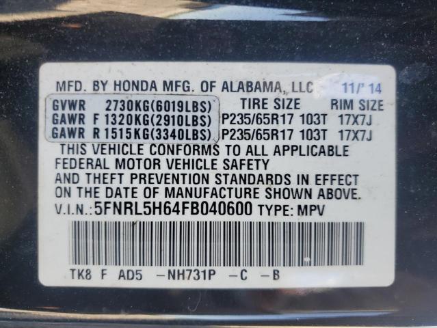 5FNRL5H64FB040600 - 2015 HONDA ODYSSEY EXL BLACK photo 13