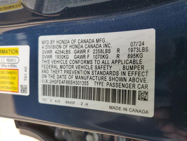 2HGFE4F86SH301355 - 2025 HONDA CIVIC SPORT BLUE photo 12