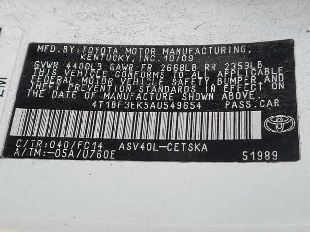 4T1BF3EK5AU549654 - 2010 TOYOTA CAMRY BASE WHITE photo 12