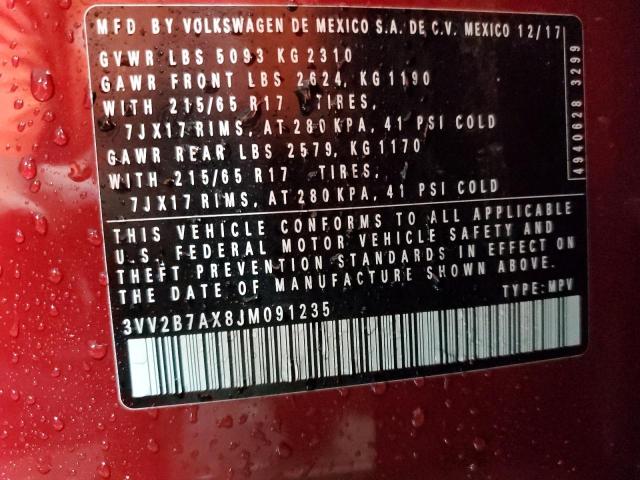 3VV2B7AX8JM091235 - 2018 VOLKSWAGEN TIGUAN SE RED photo 14