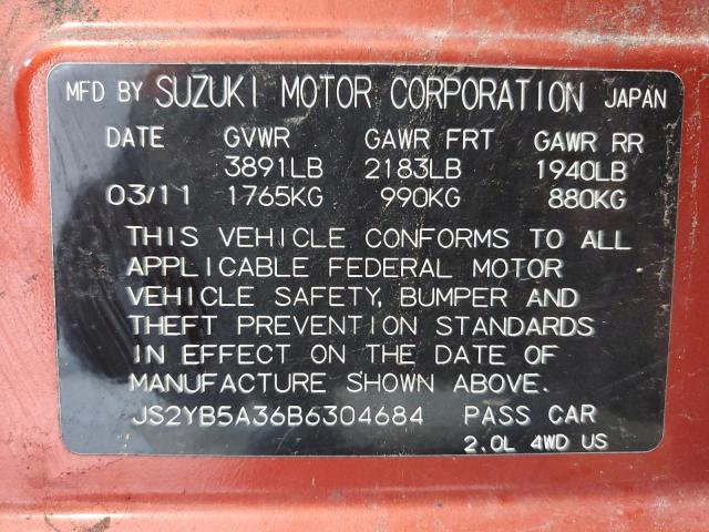 JS2YB5A36B6304684 - 2011 SUZUKI SX4 ORANGE photo 12