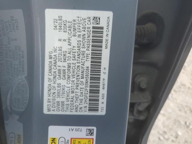 2HGFE2F55NH580084 - 2022 HONDA CIVIC SPORT GRAY photo 12