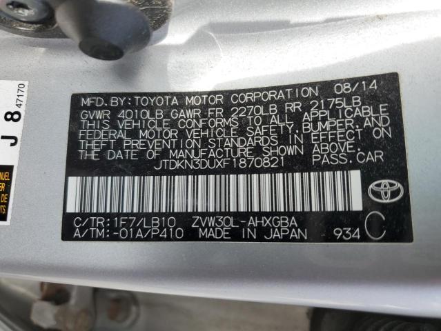 JTDKN3DUXF1870821 - 2015 TOYOTA PRIUS ვერცხლისფერი ფოტო 12