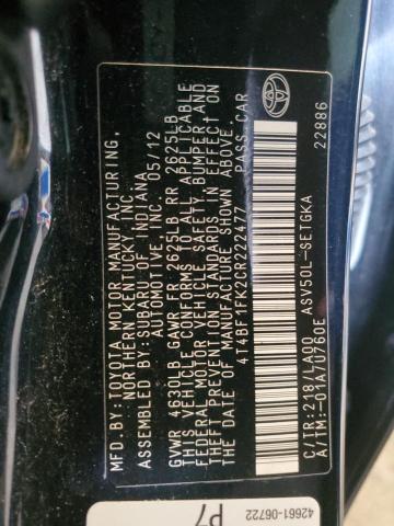 4T4BF1FK2CR222477 - 2012 TOYOTA CAMRY BASE BLACK photo 12
