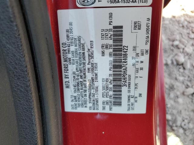 3FAHP0HA7CR408422 - 2012 FORD FUSION SE RED photo 12