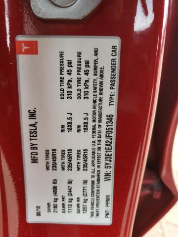 5YJ3E1EA2JF051346 - 2018 TESLA MODEL 3 Қызыл фото 12