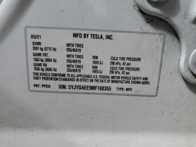 5YJYGAEE9MF188355 - 2021 TESLA MODEL Y 白色 照片 14