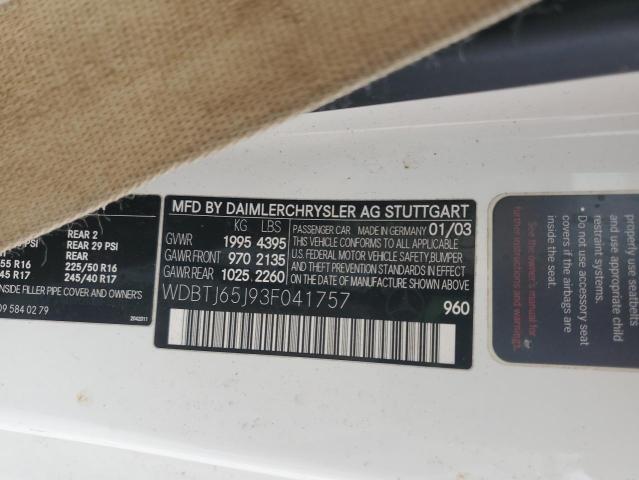 WDBTJ65J93F041757 - 2003 MERCEDES-BENZ CLK 320C WHITE photo 13