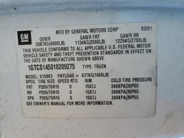 1GTCS145018209275 - 2001 GMC SONOMA WHITE photo 12