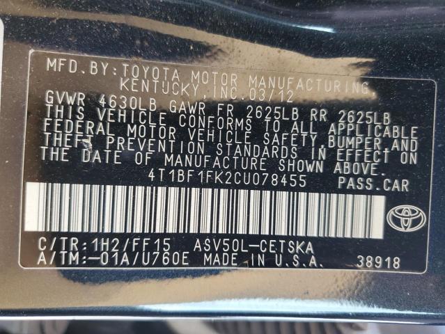 4T1BF1FK2CU078455 - 2012 TOYOTA CAMRY BASE 灰色 照片 12