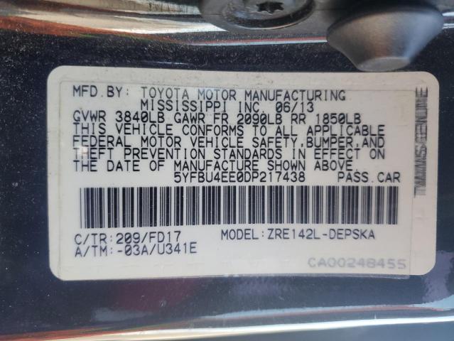 5YFBU4EE0DP217438 - 2013 TOYOTA COROLLA BASE Черный фото 12