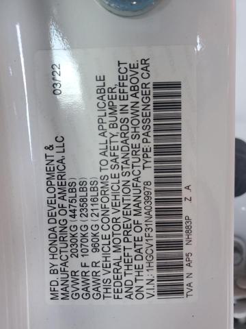 1HGCV1F31NA039978 - 2022 HONDA ACCORD SPORT WHITE photo 12
