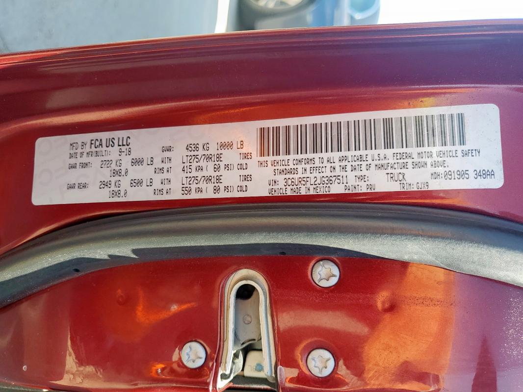 3C6UR5FL2JG367511 - 2018 RAM 2500 LARAMIE RED photo 12