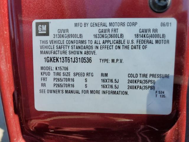 1GKEK13T61J310536 - 2001 GMC YUKON RED photo 12