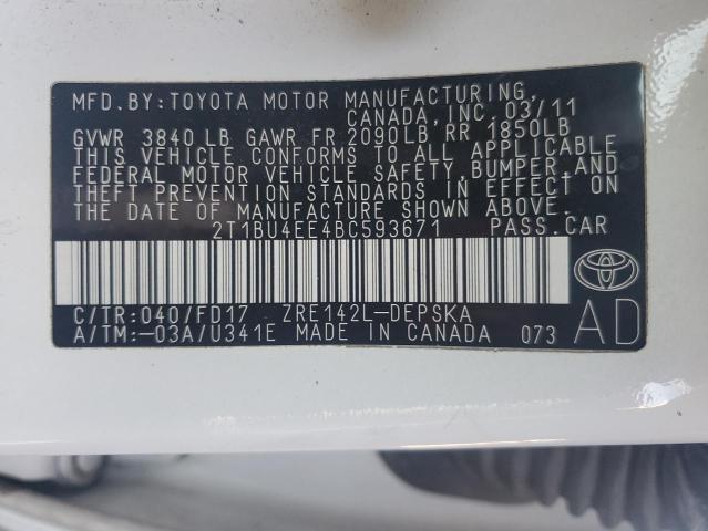 2T1BU4EE4BC593671 - 2011 TOYOTA COROLLA BASE Blanc photo 12