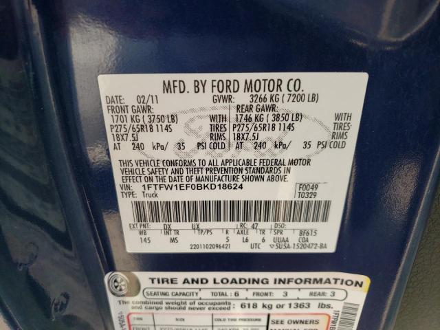 1FTFW1EF0BKD18624 - 2011 FORD F150 SUPERCREW BLUE photo 13