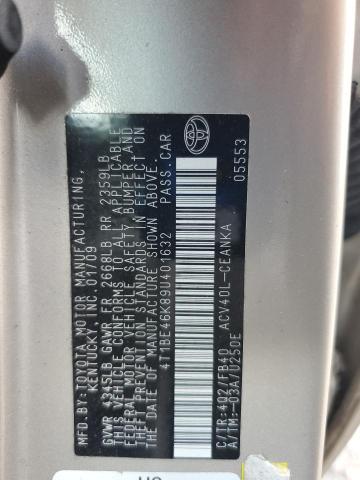 4T1BE46K89U401632 - 2009 TOYOTA CAMRY BASE BEIGE photo 12