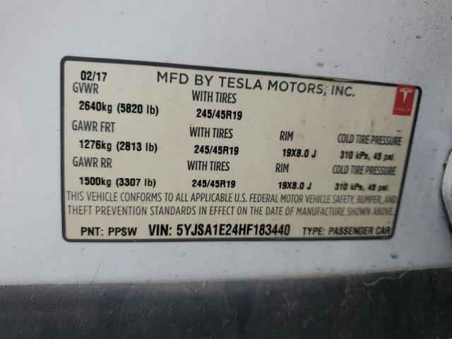 5YJSA1E24HF183440 - 2017 TESLA MODEL S WHITE photo 13