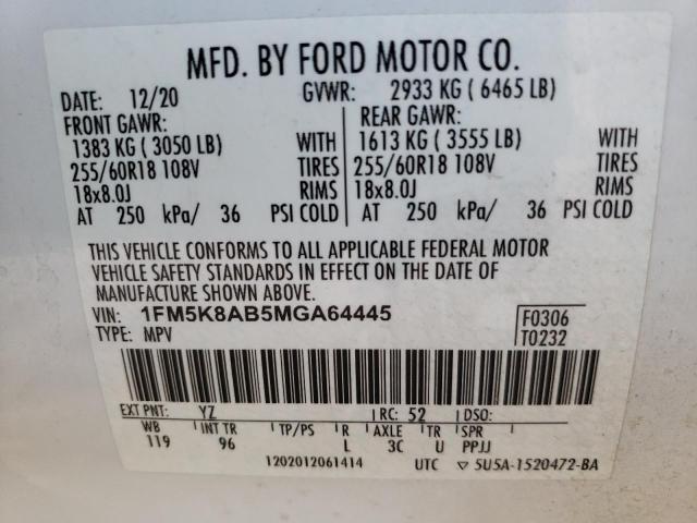 1FM5K8AB5MGA64445 - 2021 FORD EXPLORER POLICE INTERCEPTOR Weiß Foto 14