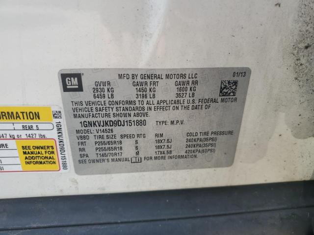 1GNKVJKD9DJ151880 - 2013 CHEVROLET TRAVERSE LT WHITE photo 13