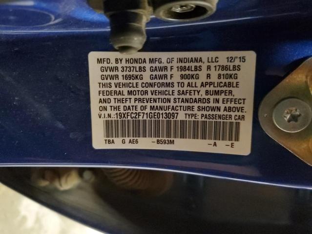 19XFC2F71GE013097 - 2016 HONDA CIVIC EX BLUE photo 13