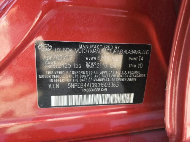 5NPEB4AC8CH503363 - 2012 HYUNDAI SONATA GLS MAROON photo 12