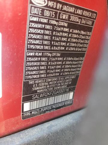 SALWR2KF2GA550116 - 2016 LAND ROVER RANGE ROVE HSE RED photo 13