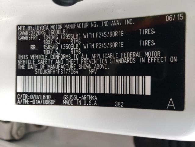 5TDJKRFH1FS177064 - 2015 TOYOTA HIGHLANDER XLE WHITE photo 13