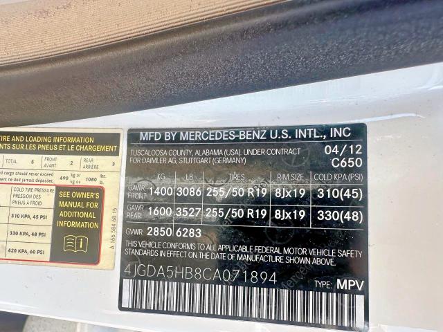 4JGDA5HB8CA071894 - 2012 MERCEDES-BENZ ML 350 4MATIC WHITE photo 10