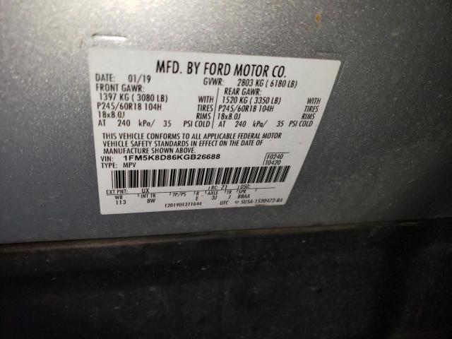 1FM5K8D86KGB26688 - 2019 FORD EXPLORER XLT SILVER photo 13