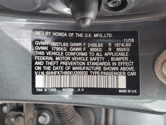 SHHFK7H95KU205932 - 2019 HONDA CIVIC SPORT TOURING CHARCOAL photo 13