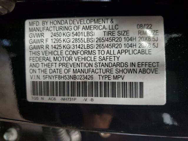5FNYF8H53NB023426 - 2022 HONDA PASSPORT EXL Negro foto 12