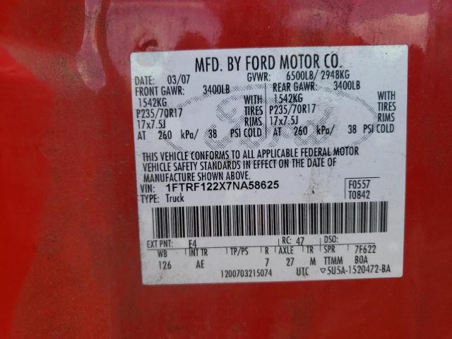 1FTRF122X7NA58625 - 2007 FORD F150 RED photo 13