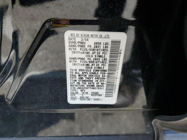 JN8AZ08T74W215021 - 2004 NISSAN MURANO SL BLACK photo 13