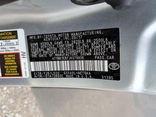 4T1BK1EB7JU279939 - 2018 TOYOTA AVALON XLE SILVER photo 12