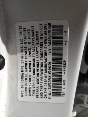 19XFC2F8XLE019709 - 2020 HONDA CIVIC SPORT WHITE photo 12