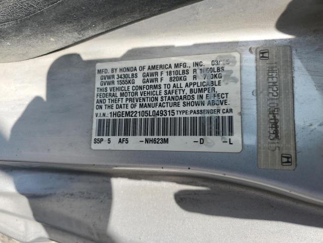 1HGEM22105L049315 - 2005 HONDA CIVIC DX VP Արծաթագույն լուսանկար 12