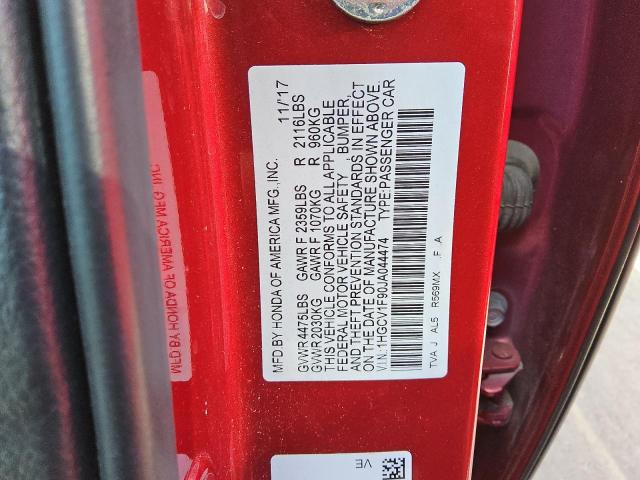 1HGCV1F90JA044474 - 2018 HONDA ACCORD TOURING Красный фото 12