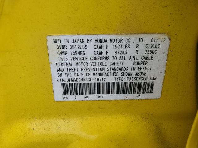 JHMGE8H53CC016712 - 2012 HONDA FIT SPORT ყვითელი ფოტო 13