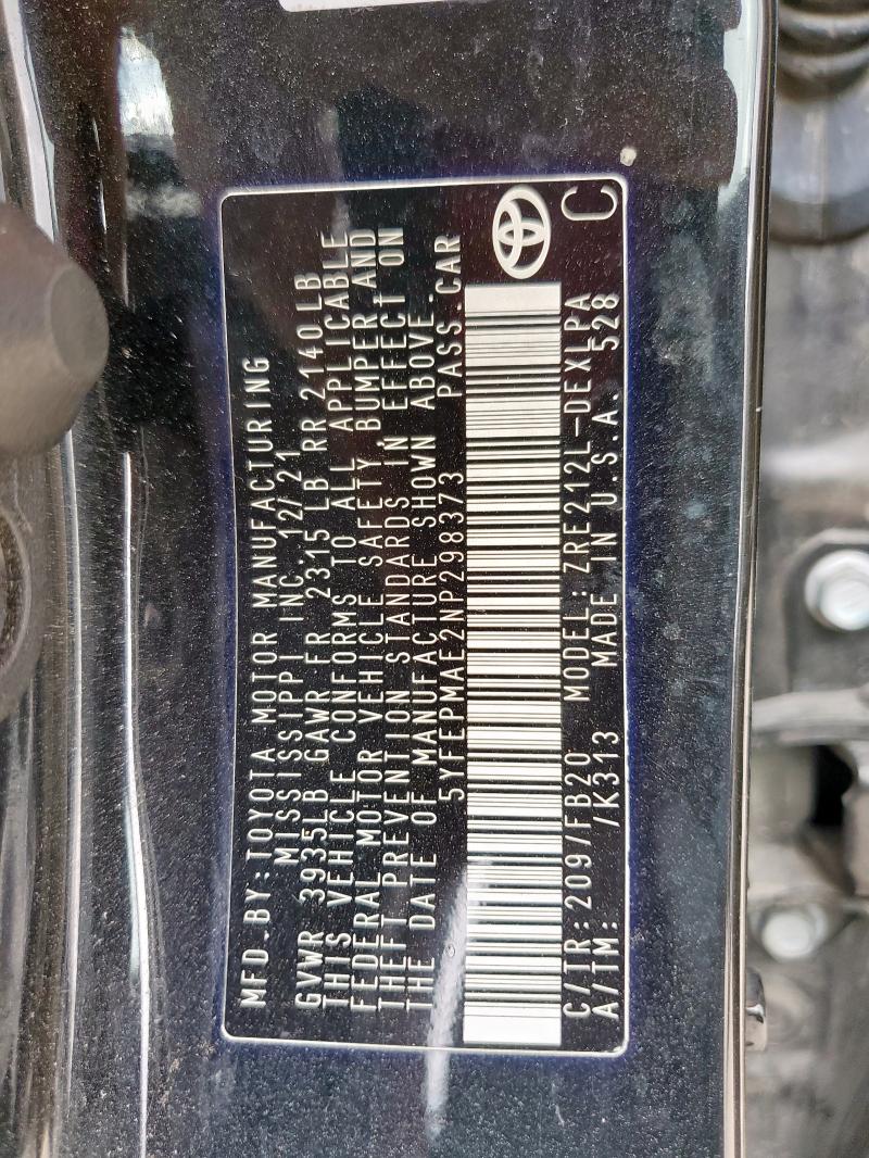 5YFEPMAE2NP298373 - 2022 TOYOTA COROLLA LE BLACK photo 13