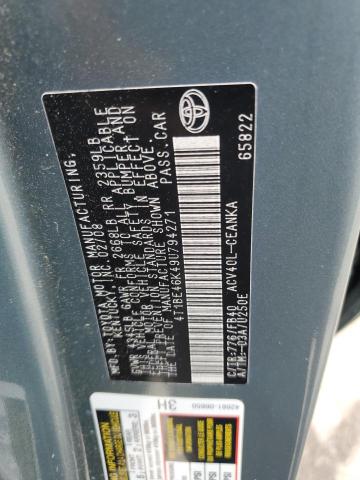 4T1BE46K49U794271 - 2009 TOYOTA CAMRY BASE TEAL photo 12