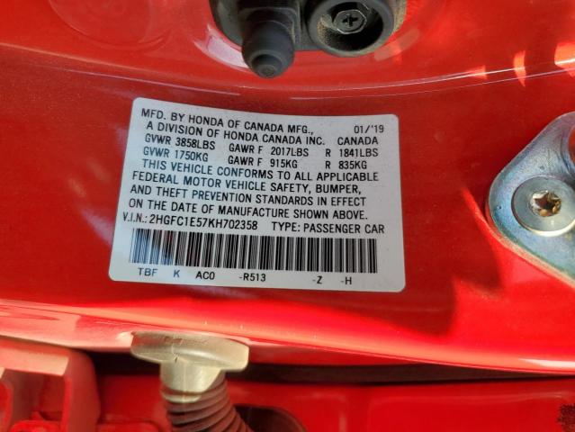 2HGFC1E57KH702358 - 2019 HONDA CIVIC SI TWO TONE photo 13