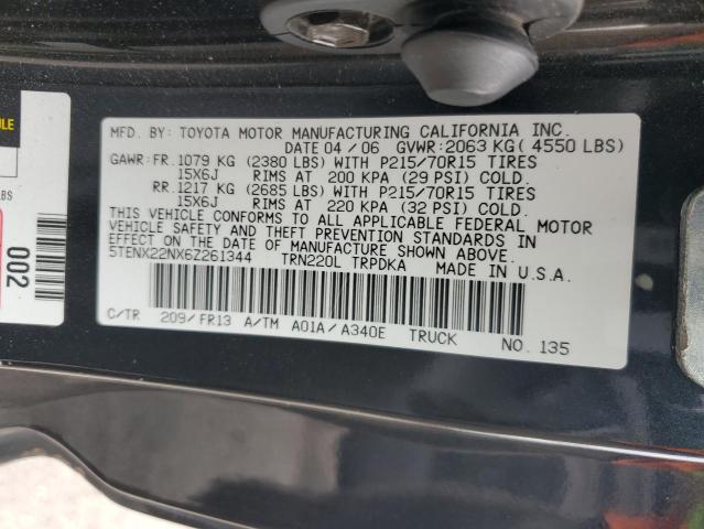 5TENX22NX6Z261344 - 2006 TOYOTA TACOMA შავი ფოტო 12