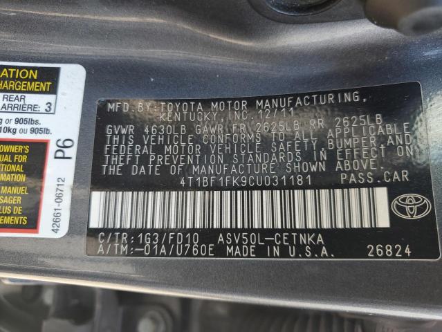 4T1BF1FK9CU031181 - 2012 TOYOTA CAMRY BASE GRAY photo 12